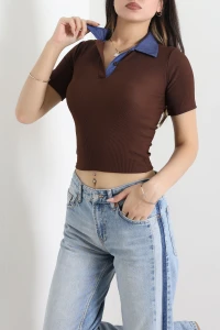 Ottoman Polo Yaka Crop Tişört Kahve - 75088.224.