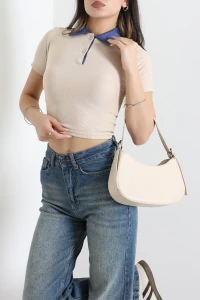 Ottoman Polo Yaka Crop Tişört Bej - 75088.224.