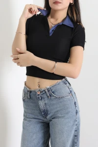 Ottoman Polo Yaka Crop Tişört Siyah - 75088.224.
