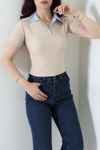 Ottoman Polo Yaka Çizgili Tişört Bej - 75090.224.