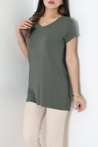V Yaka Kısa Kollu Viskon Bluz Açıkhaki - 71489.599.