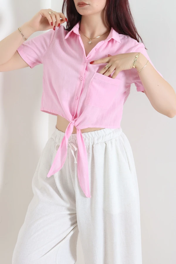 Keten Crop Gömlek Pembe - 75152.1353.