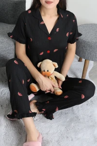 Bürümcük Düğmeli Pijama Takımı Siyahkırmızı - 53501.2123.