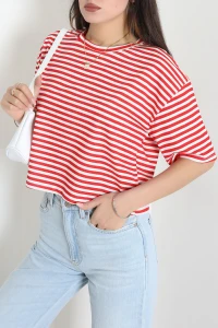 Çizgili Crop Penye Tişört Kırmızıbeyaz - 55323.1872.
