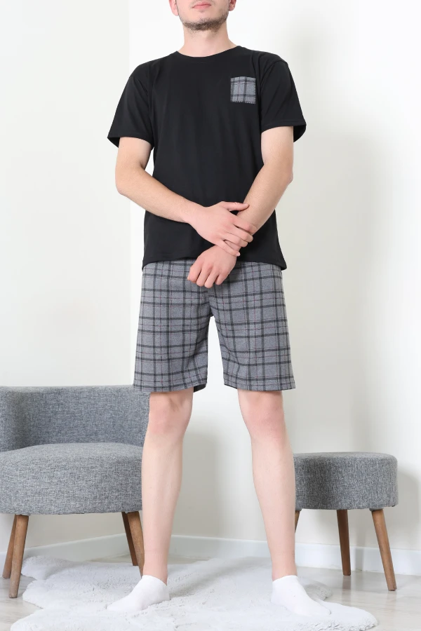 Süprem Ekoseli Erkek Şort Pijama Takımı Siyahgri - 75068.1952.
