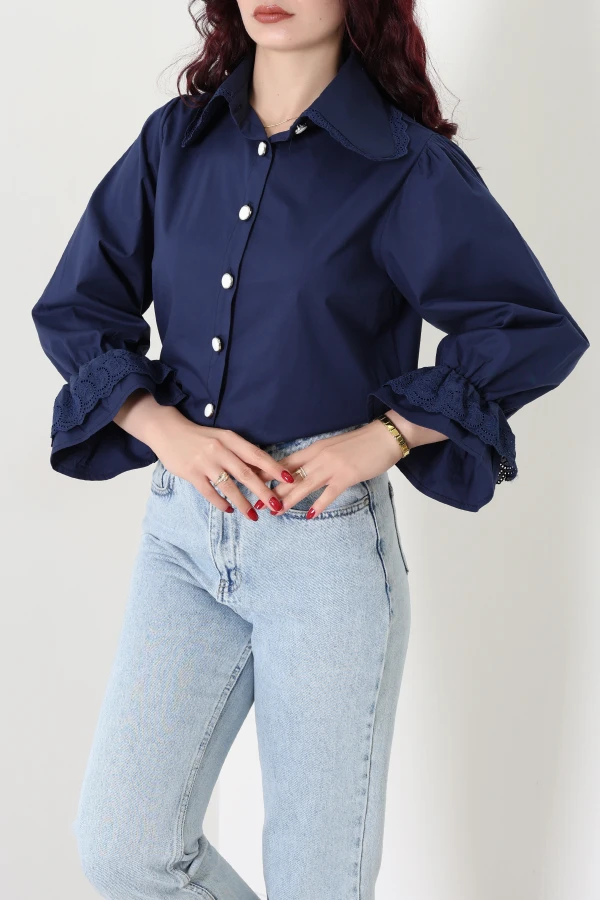 Volanlı Bebe Yaka Poplin Gömlek Lacivert - 55175.2118.