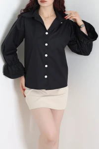 Volanlı Bebe Yaka Poplin Gömlek Siyah - 55175.2118.