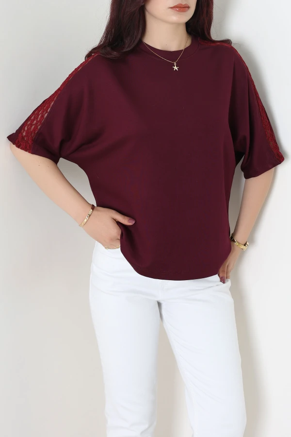 Omuz Dantel Detaylı Dantel Bluz Mürdüm - 10400.2180.