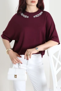 Yakası Taş Detaylı Modal Bluz Mürdüm - 10405.2180.