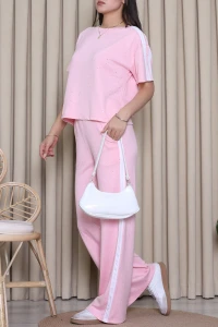 Şerit Çizgili Simli Modal İkili Takım Pembe - 90033.2180.