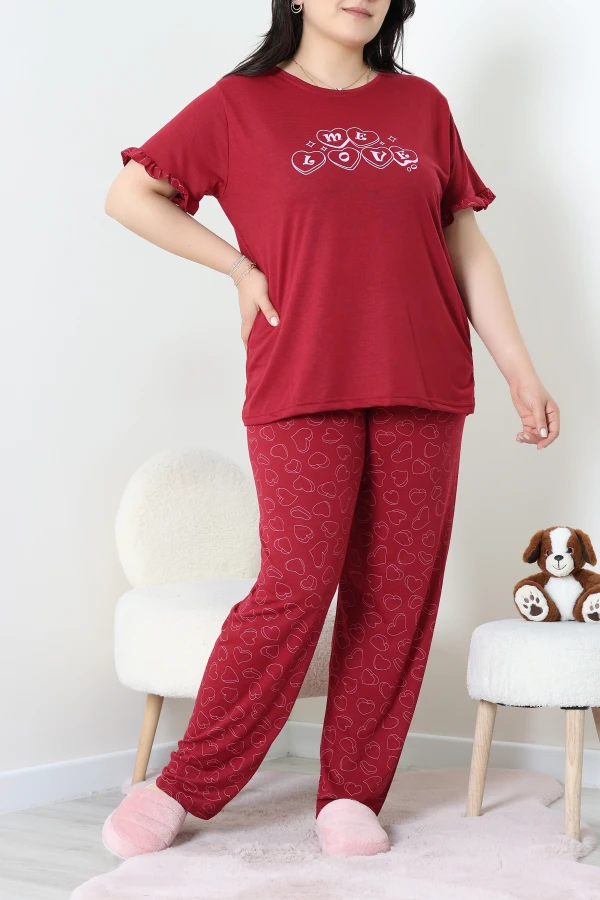 Viskon Büyük Beden Fırfırlı Pijama Takımı Bordo - 53722.2145.