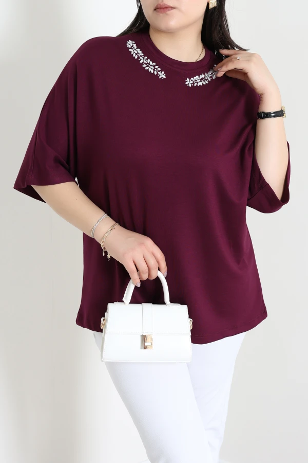 Yakası Taş Detaylı Modal Bluz Mürdüm - 10404.2180.