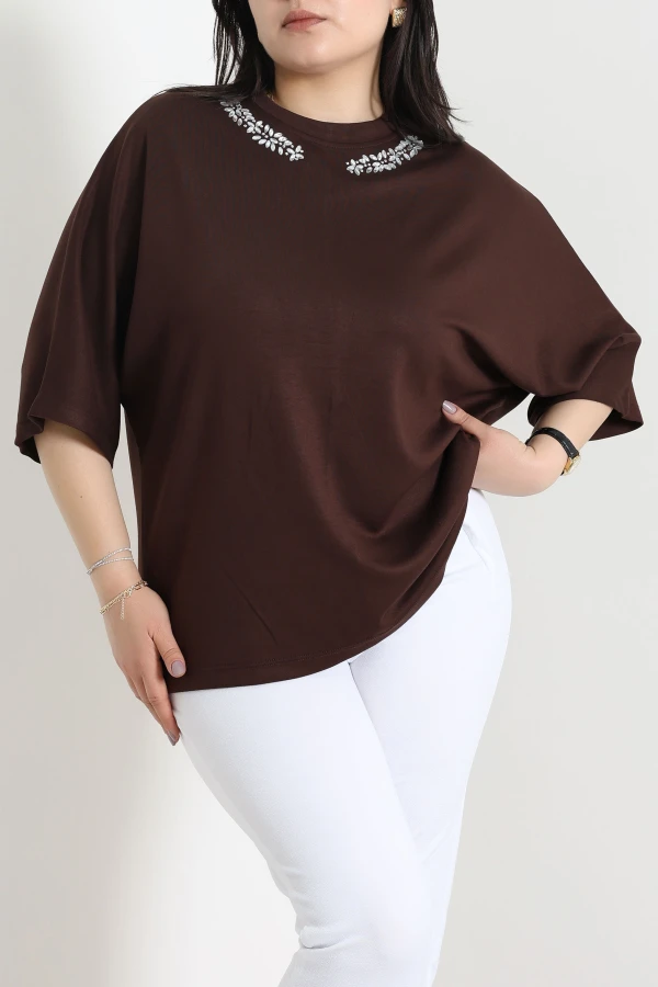 Yakası Taş Detaylı Modal Bluz Acıkahve - 10404.2180.