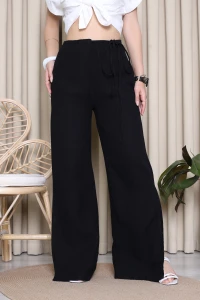 Müslin Kumaş Yanları Yırtmaçlı Pantolon Siyah - 7516.1437.