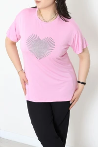 Kalp Baskılı Büyük Beden Viskon Bluz Pembe - 72010.2213.