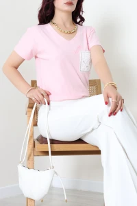 Taşlı Nakışlı Tişört Pembe - 75234.1389.