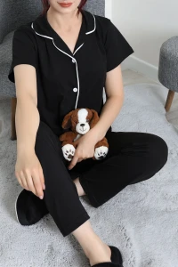 Viskon Biyeli Düğmeli Pijama Takımı Siyah - 53788.1950.