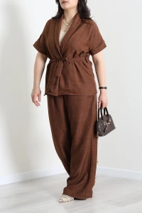 Büyük Beden Keten Kumaş Kimono Takım Kahve - 71728.2034.