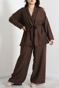 Büyük Beden Keten Kumaş Uzun Kol Kimono Takım Acıkahve - 71729.2034.