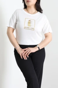 Gold Baskılı Büyük Beden Viskon Bluz Ekru - 72007.2213.