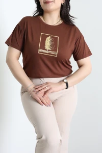 Gold Baskılı Büyük Beden Viskon Bluz Kahve - 72007.2213.