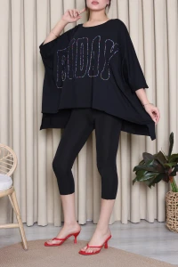 Oversize Taşlı Penye Tişört Siyah - 75179.2208.