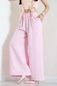 Müslin Kumaş Yanları Düğme Detaylı Bol Paça Pantolon Pembe - 53680.2023.