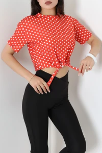 Önden Bağlamalı Mikro Kumaş Puantiyeli Crop Bluz Kırmızı - 71972.2023.
