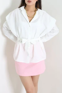 Bağlama Detay Oversize Poplin Gömlek Kırıkbeyaz - 75159.1228.