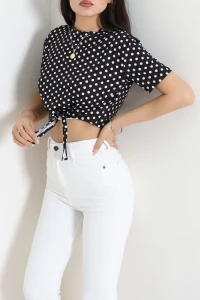 Önden Bağlamalı Mikro Kumaş Puantiyeli Crop Bluz Siyahbeyaz - 71972.2023.