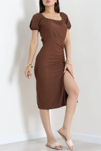 Bürümcük Kumaş Midi Boy Elbise Kahve - 75197.701.