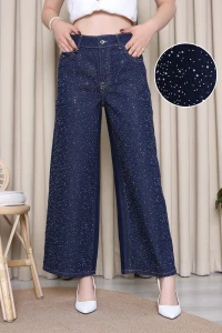 Premium Taşlı Geniş Paça Kot Pantolon Lacivert - 52468.2049.