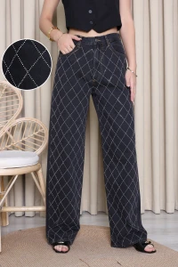 Premium Taşlı Palazzo Kot Pantolon Füme - 52471.2049.