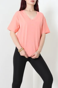 V Yaka Oversize Lüx Penye Tişört Somon - 90900.1878.