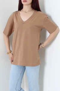 V Yaka Oversize Lüx Penye Tişört Sütlükahve - 90900.1878.