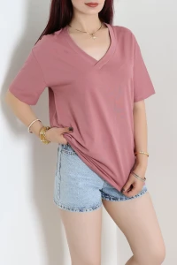 V Yaka Oversize Lüx Penye Tişört Gülkurusu - 90900.1878.