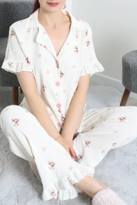 Bürümcük Fırfırlı Pijama Takımı Ekru - 127.1287.