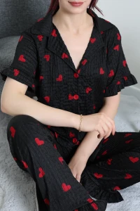 Bürümcük Fırfırlı Pijama Takımı Siyahkırmızı - 127.1287.