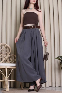 Pileli Bol Paça Tensel Kumaş Pantolon  Füme - 52496.1254.