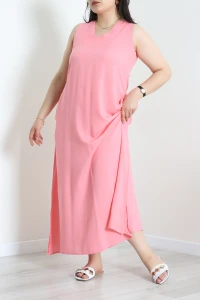 Keten V Yaka Elbise Pembe - 71671.2071.