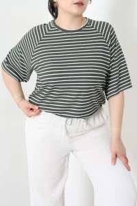 Çizgili Bisiklet Yaka Reglan Kol Bluz Haki - 74100.2114.