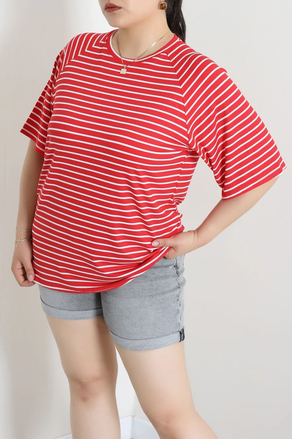 Çizgili Bisiklet Yaka Reglan Kol Bluz Kırmızı - 74100.2114.