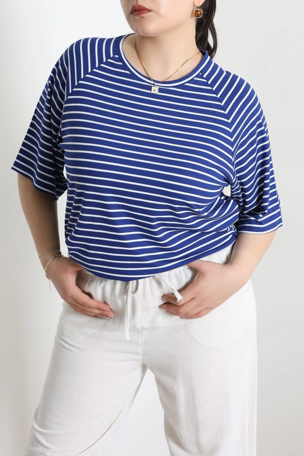 Çizgili Bisiklet Yaka Reglan Kol Bluz Mavi - 74100.2114.