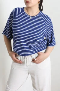 Çizgili Bisiklet Yaka Reglan Kol Bluz Mavi - 74100.2114.