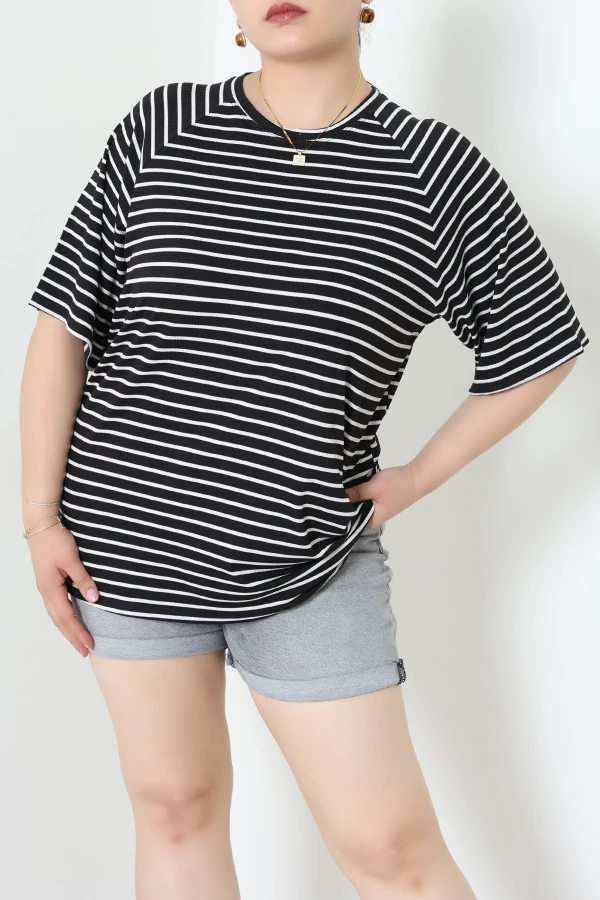 Çizgili Bisiklet Yaka Reglan Kol Bluz Siyah - 74100.2114.
