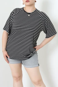 Çizgili Bisiklet Yaka Reglan Kol Bluz Siyah - 74100.2114.