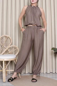 Halter Yaka Bluzlu Çilek Dokuma Takım Kahve - 52490.1254.