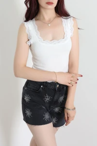Dantelli Raporlu Crop Beyaz - 53811.2158.