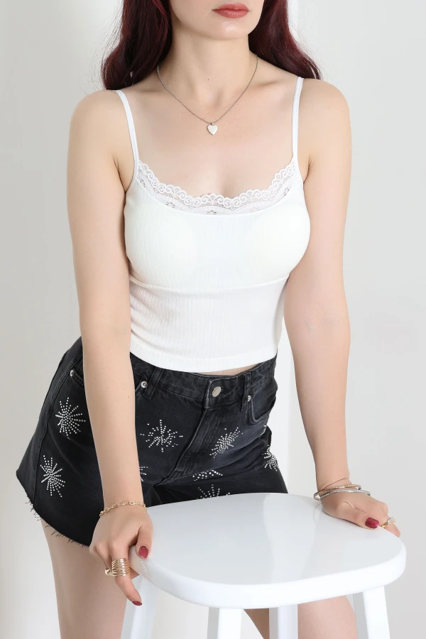 Dantelli Raporlu Crop Beyaz - 53813.2158.