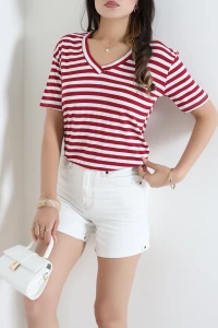 V Yaka Oversize Çizgili Viskon Tişört Bordo - 55315.1878.